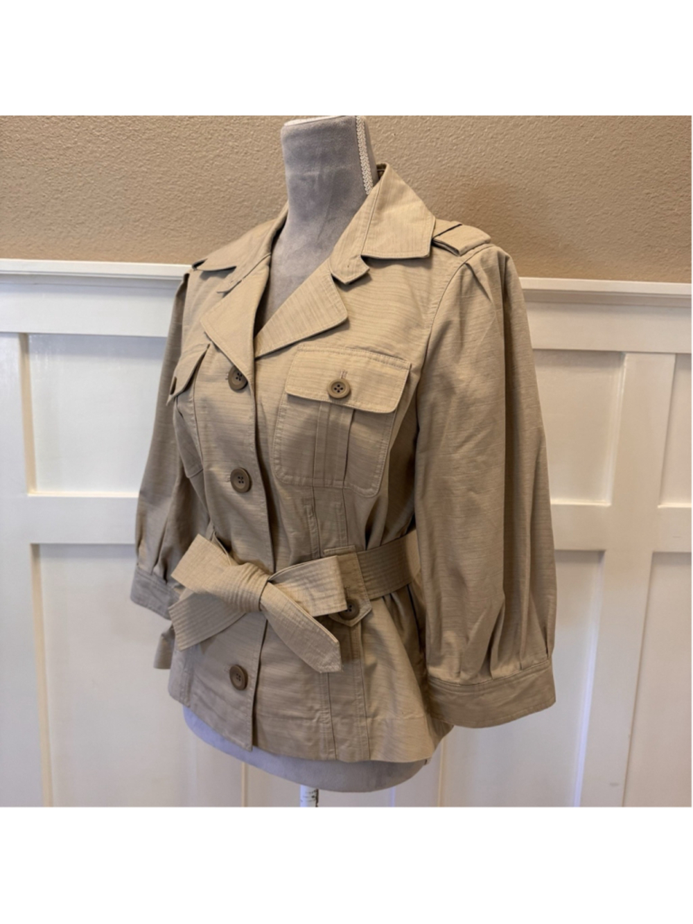 New CALVIN KLEIN Khaki Military Jacket Size:12 Belted Pockets 3/4Sleeves Cotton